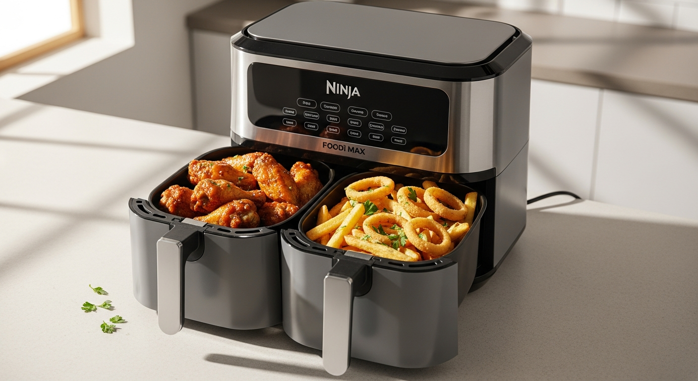 Ninja Foodi MAX Dual Zone Air Fryer with open drawers showing cooked food