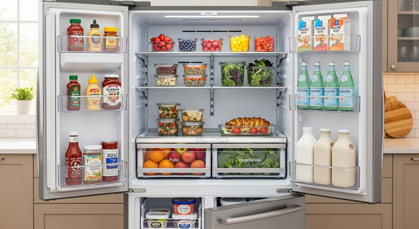 GE 36-inch French door refrigerator with organized shelves and fresh produce