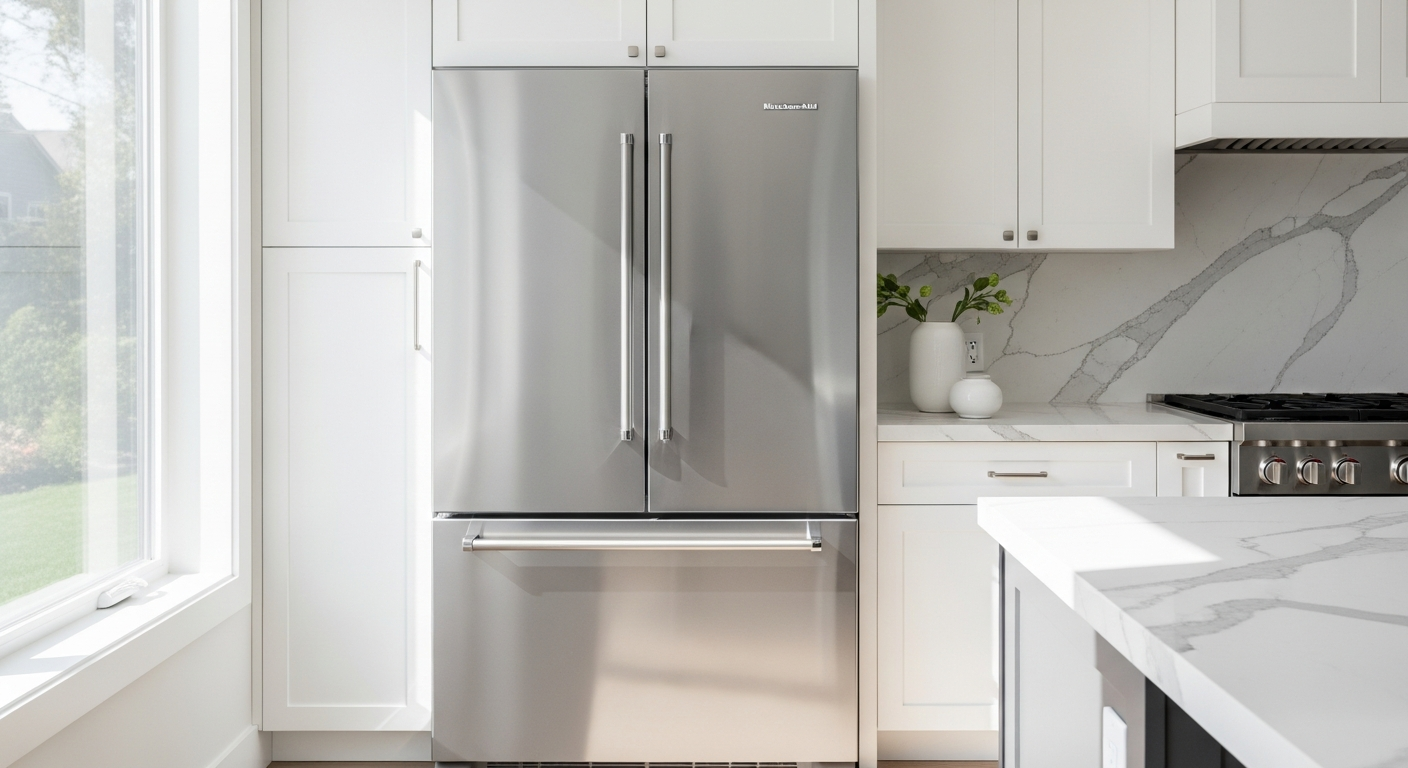 KitchenAid counter-depth French door refrigerator with stainless steel finish in modern kitchen