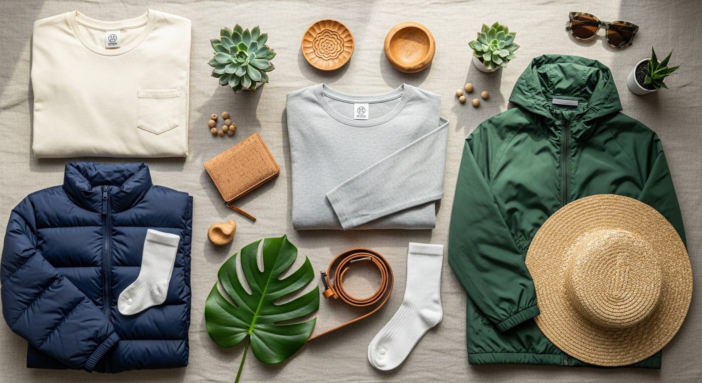 Sustainable vegan fashion wardrobe essentials displayed on neutral background