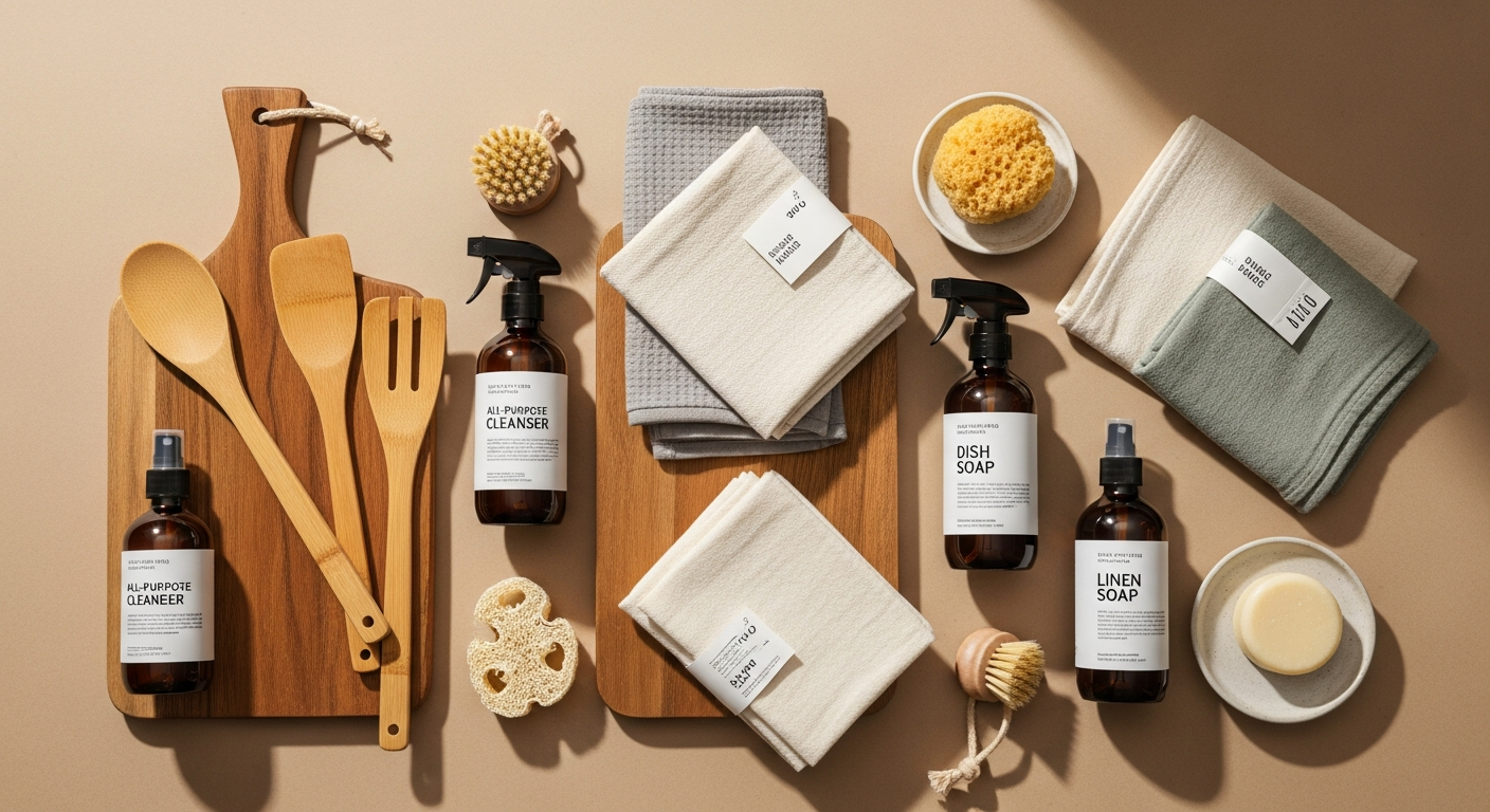 Sustainable vegan home essentials displayed on wooden shelf with plants