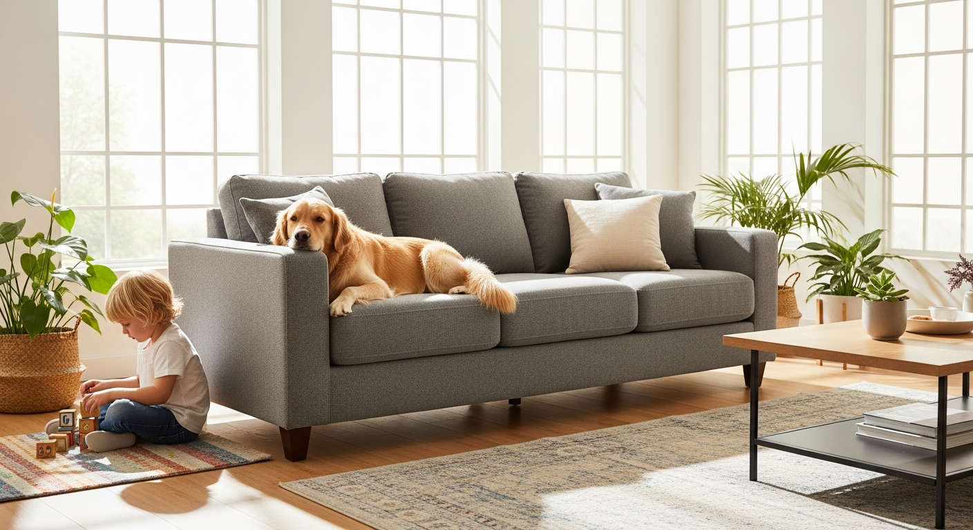 Simpli Home Livingston Mid-Century Sofa in leather with removable cushions in modern living room