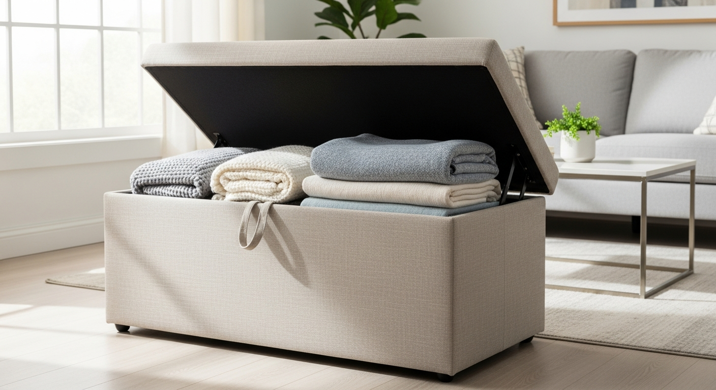 Simpli Home versatile lift-top storage ottoman in brown vegan leather with nailhead trim
