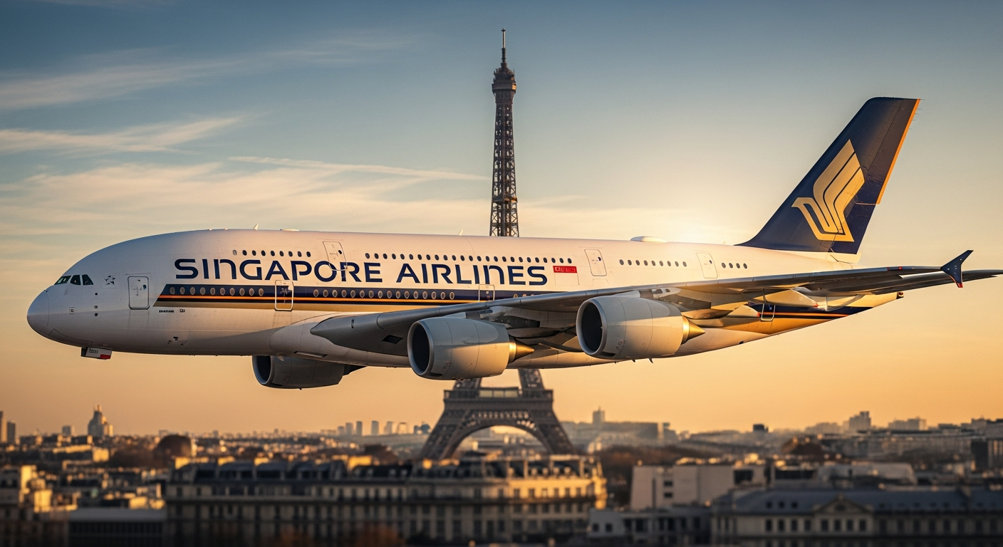 Singapore Airlines Boeing 777 aircraft flying over ocean at sunset