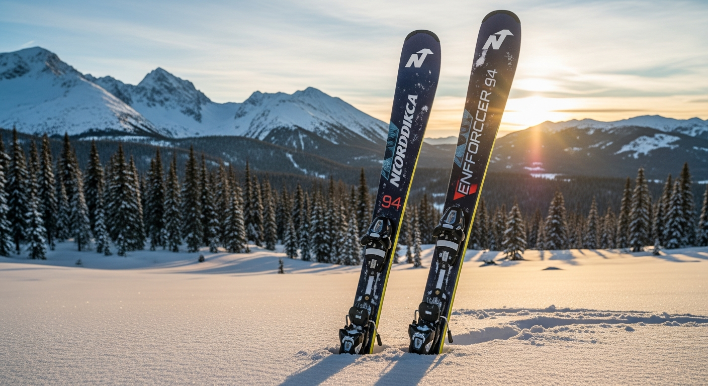 Nordica Enforcer 94 all-mountain skis displayed on snow with mountain backdrop