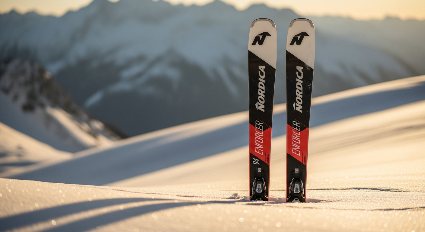 Nordica Enforcer 94 all-mountain skis displayed on snowy mountain terrain