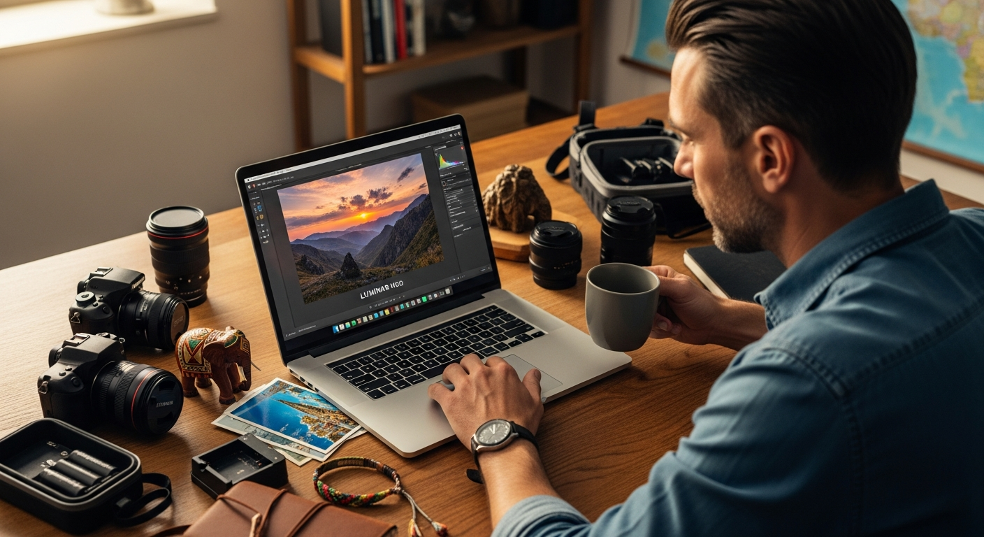 Luminar Neo AI photo editor interface showing sky replacement and batch editing tools for travel photography