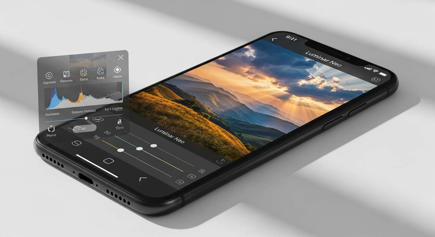 Professional mobile photographer editing landscape photos on smartphone using AI-powered editing tools
