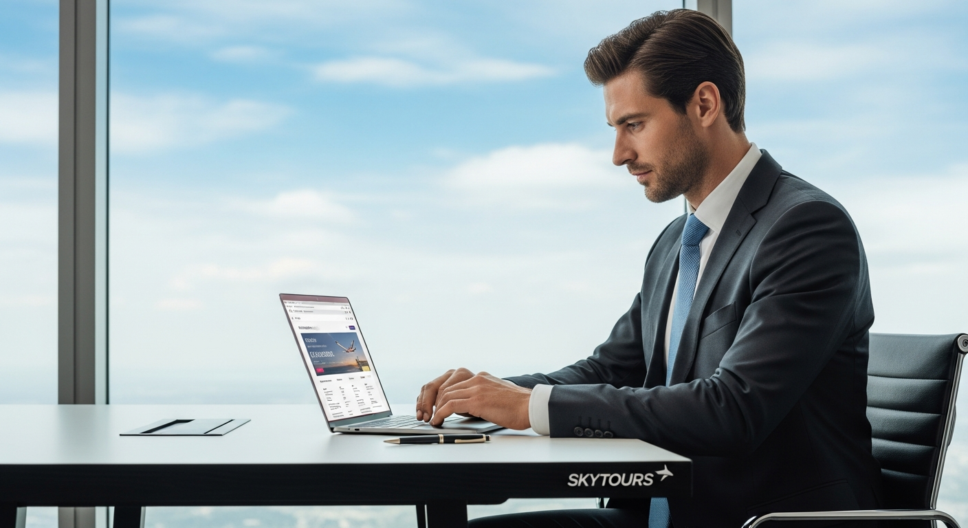 Business traveler using Skytours Global Flight Booking Service on laptop