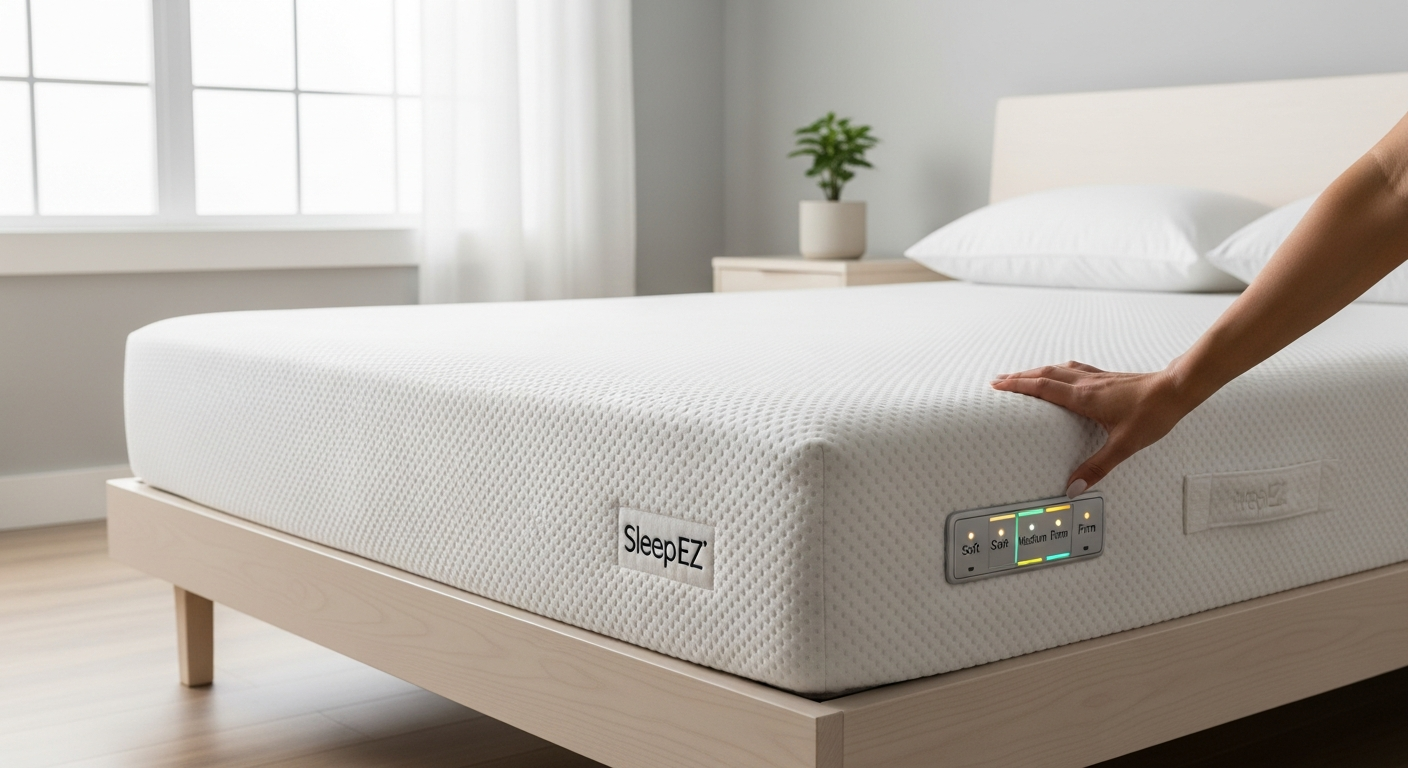 Sleep EZ 10-inch organic latex mattress with customizable layers displayed in bedroom setting