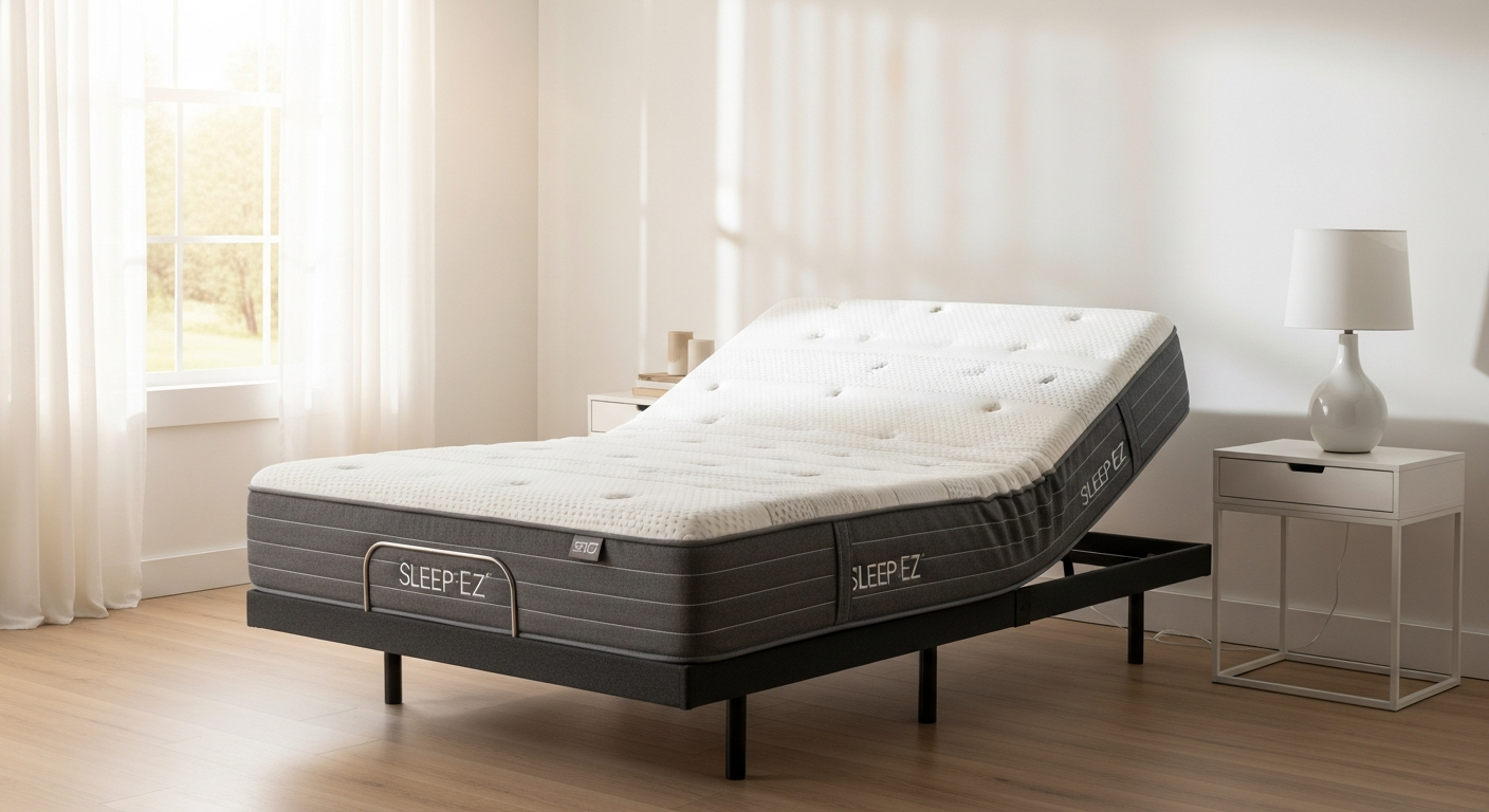 Sleep EZ 10-inch organic latex mattress displayed in a bedroom setting