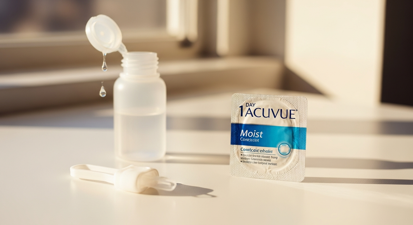 1 Day Acuvue Moist contact lens package with blister and solution bottle