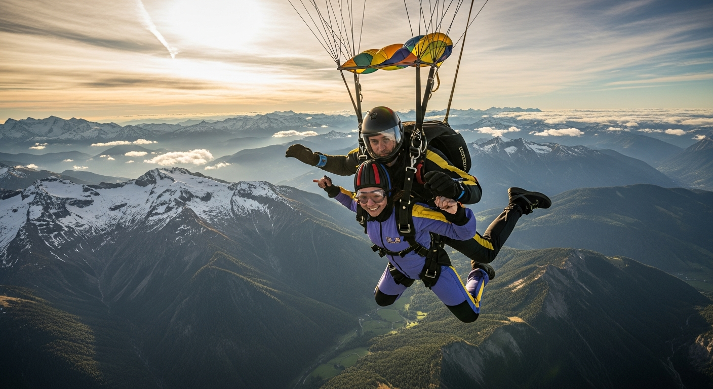 Skydiver in tandem freefall above scenic French landscape during daytime jump