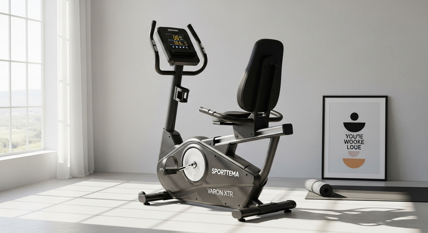 Sporttema Varon XTR BT exercise bike with blue LCD display and gel saddle in home gym setting