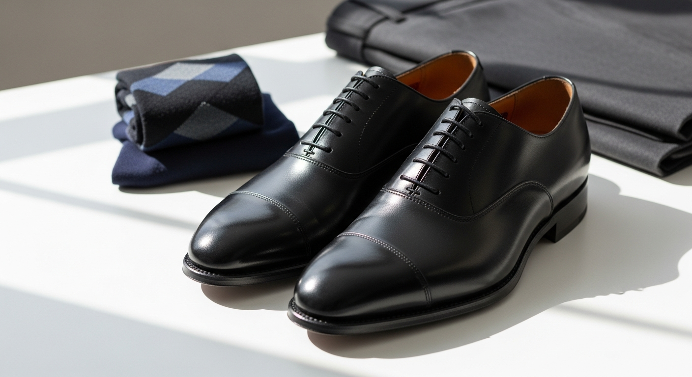 Stacy Adams Madison Cap Toe Oxford shoes in classic black leather with distinctive biscuit toe design