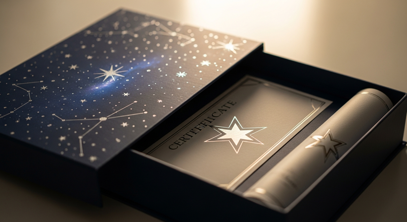 Supernova Star Naming Gift Package with certificate, star map, and AR app interface displayed together