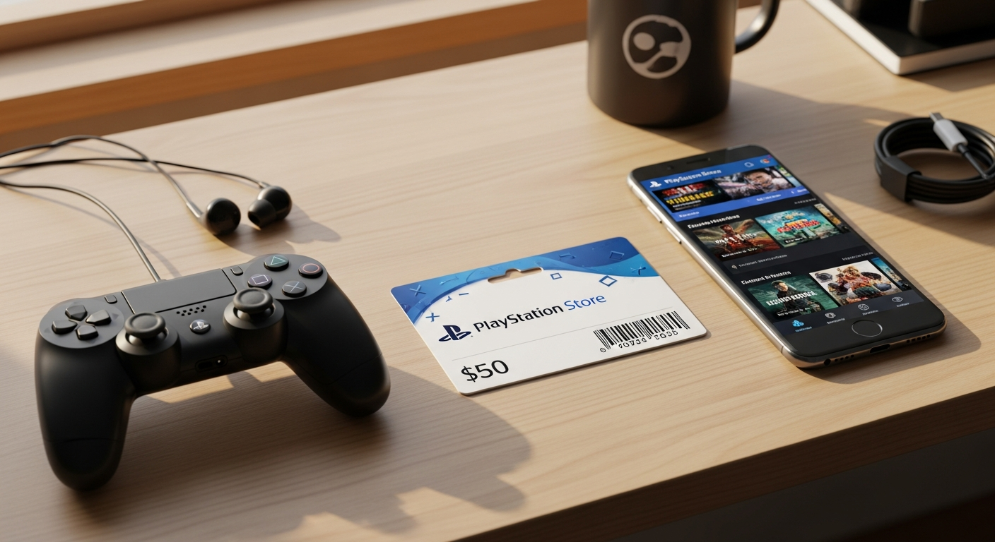 PlayStation Store Digital Gift Card codes displayed on screen with gaming controller