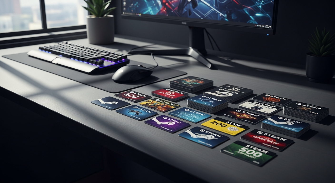 Steam gift card displayed on computer screen with gaming background