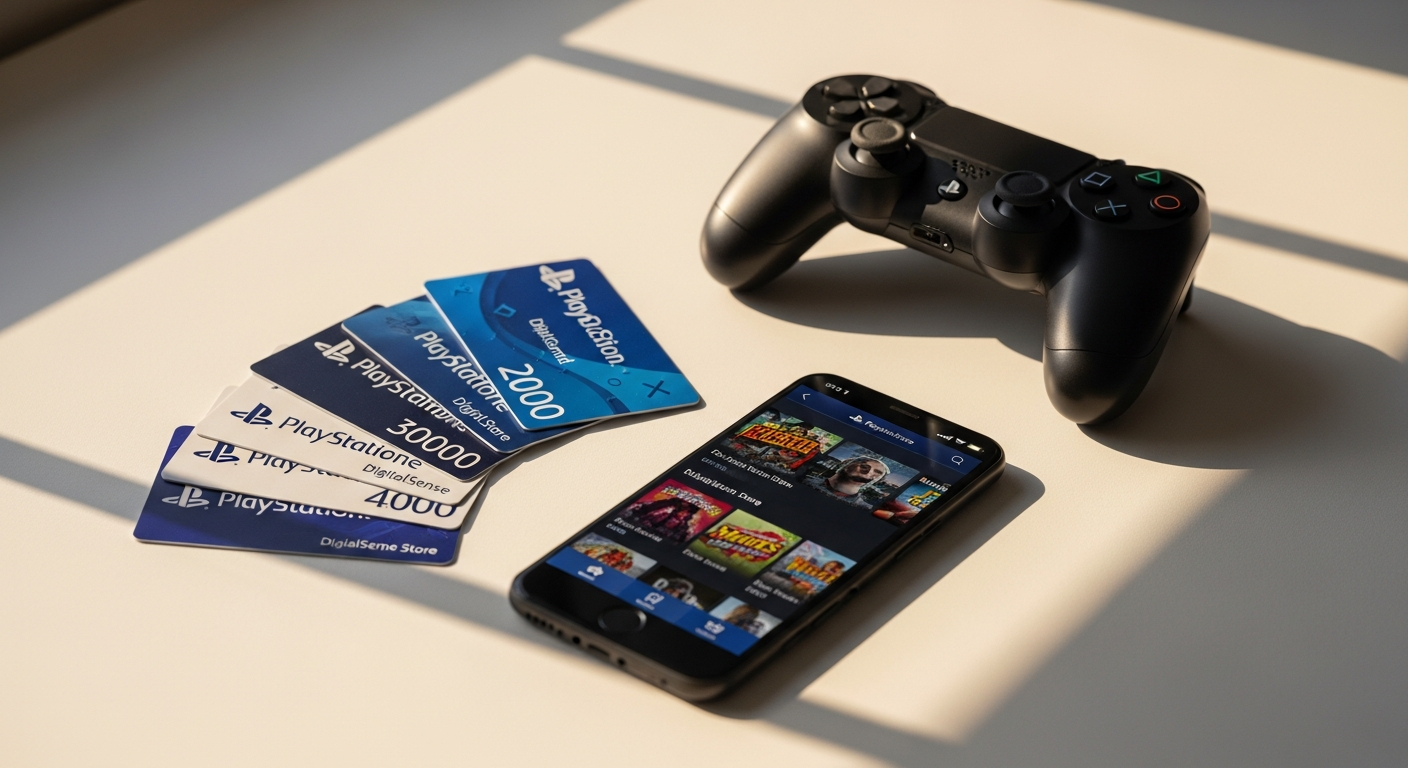 PlayStation Store Digital Gift Cards displayed with various denomination options and secure payment methods
