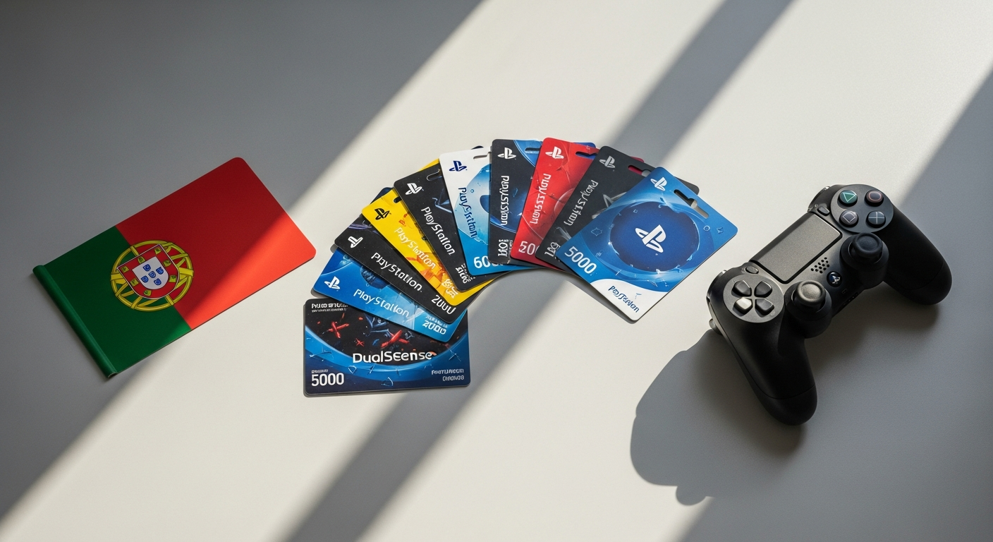 PlayStation Store gift card code displayed on digital screen with Portugal flag background