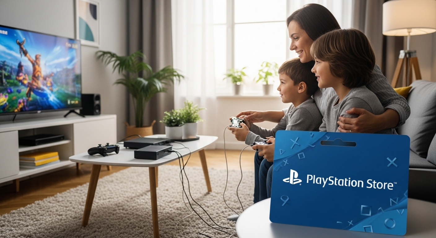 Parent and child gaming together on PlayStation console with gift card displayed