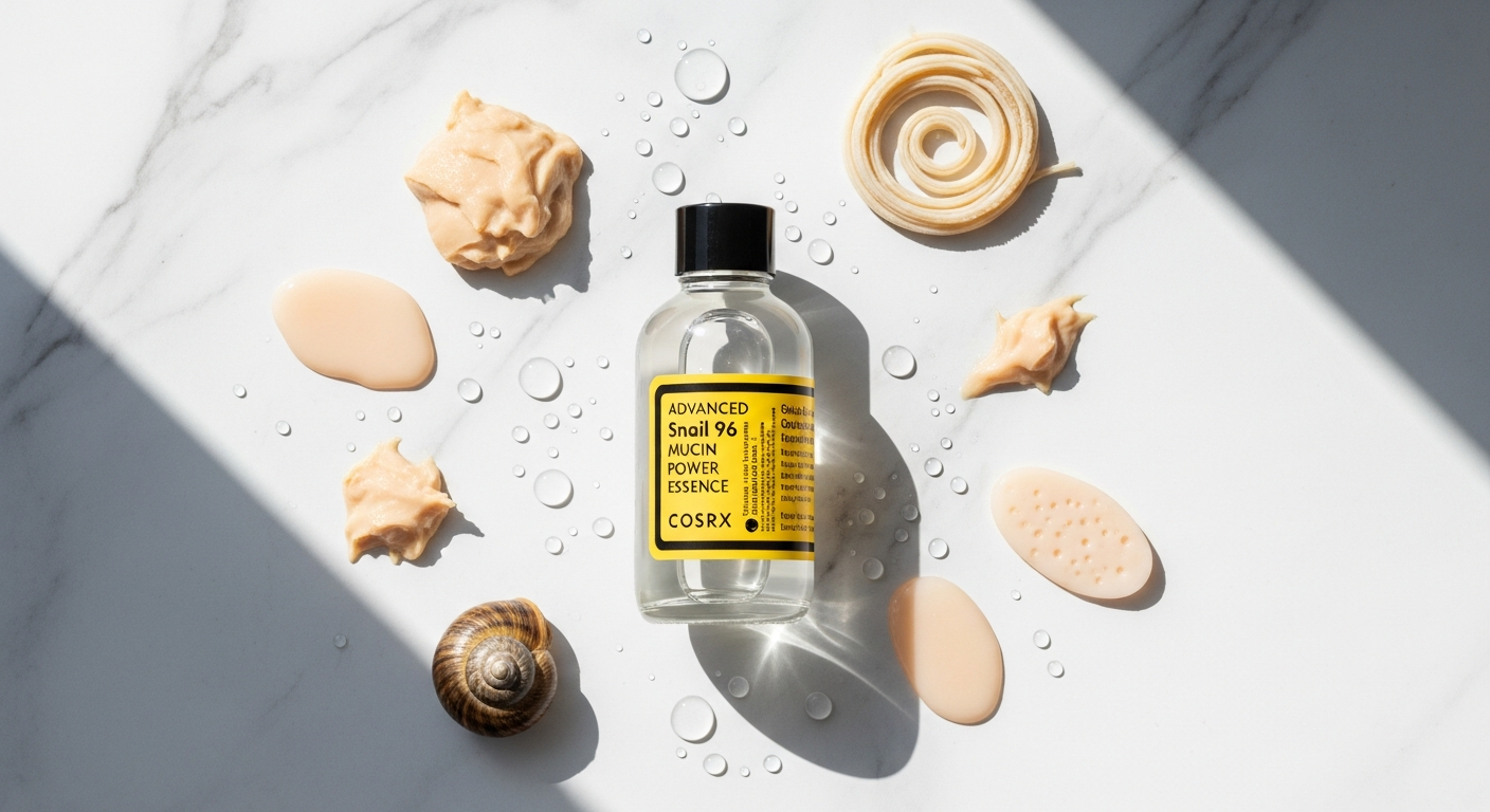 COSRX Snail Mucin Power Essence bottle displayed with snail and glowing skin texture background