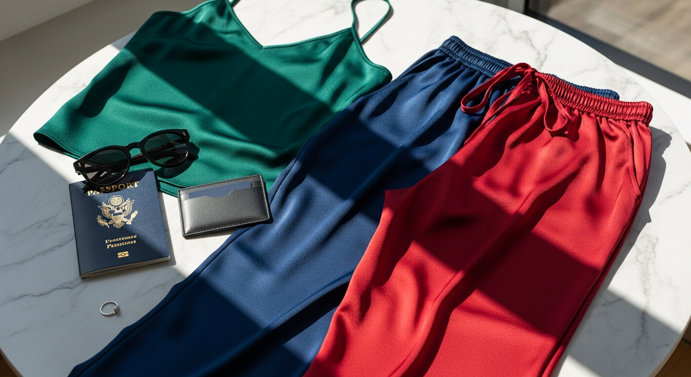 Hand-drawn travel-inspired silky two-piece loungewear set in satin fabric blend