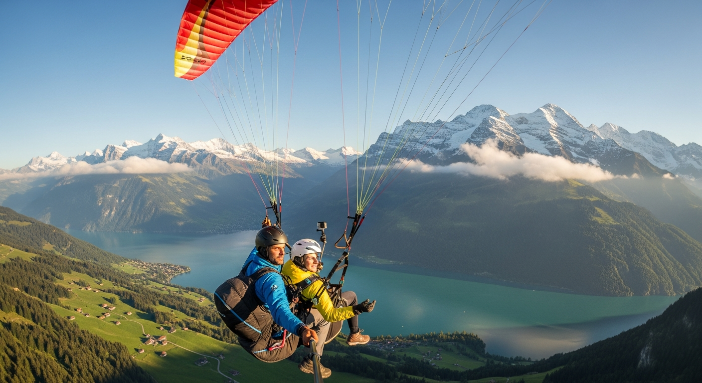 Aerial view of paraglider soaring above Swiss Alps mountains and turquoise lakes