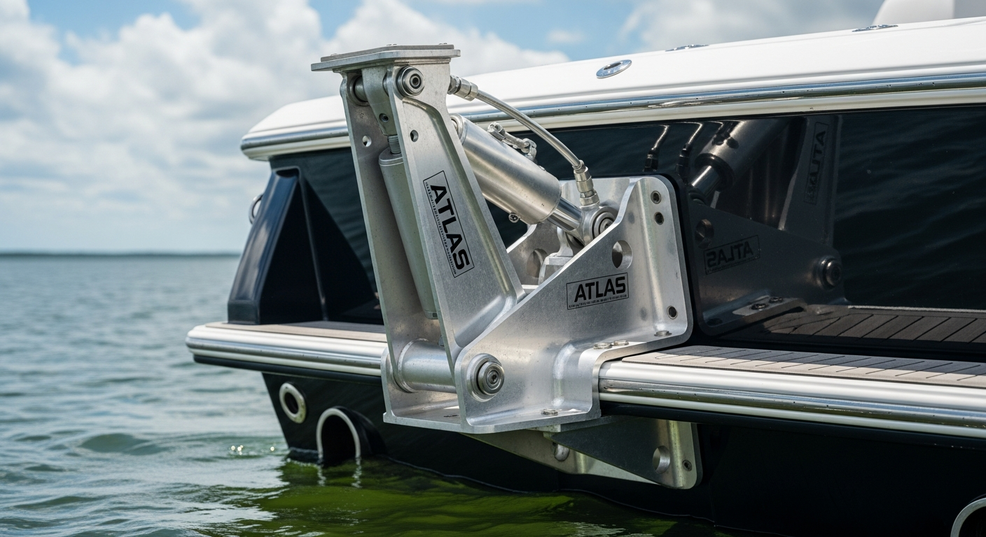 T-H Marine ATLAS Hydraulic Jack Plate mounted on boat transom with outboard motor
