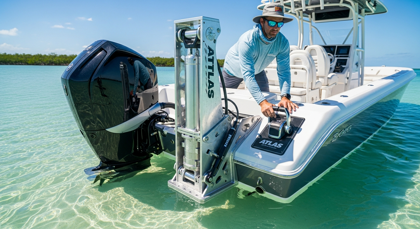 T-H Marine ATLAS Hydraulic Jack Plate mounted on boat transom for shallow water fishing