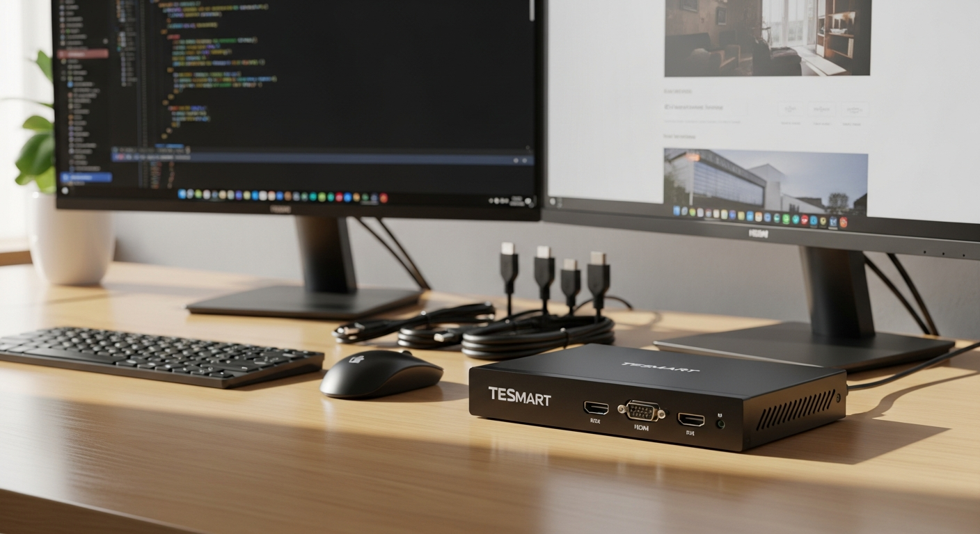 TESmart 4-Port 4K60Hz HDMI KVM Switch controlling multiple computers from single desk