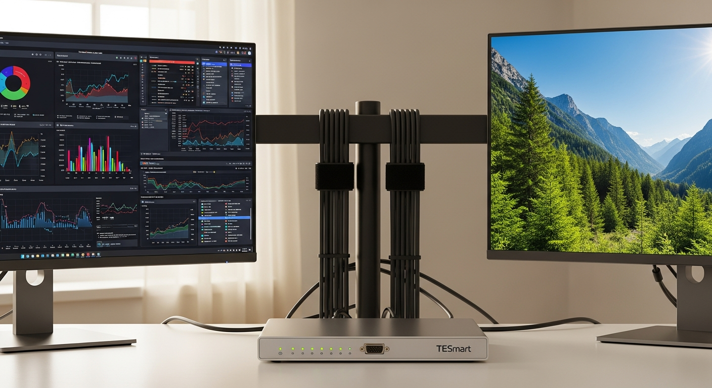 TESmart Dual Monitor 8K KVM Switch with DisplayPort cables and USB connections