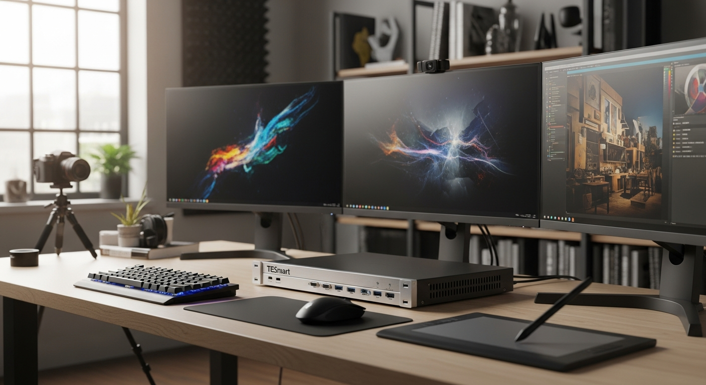 TESmart Dual 8K KVM Switcher DisplayPort 1.4 professional creative workstation setup