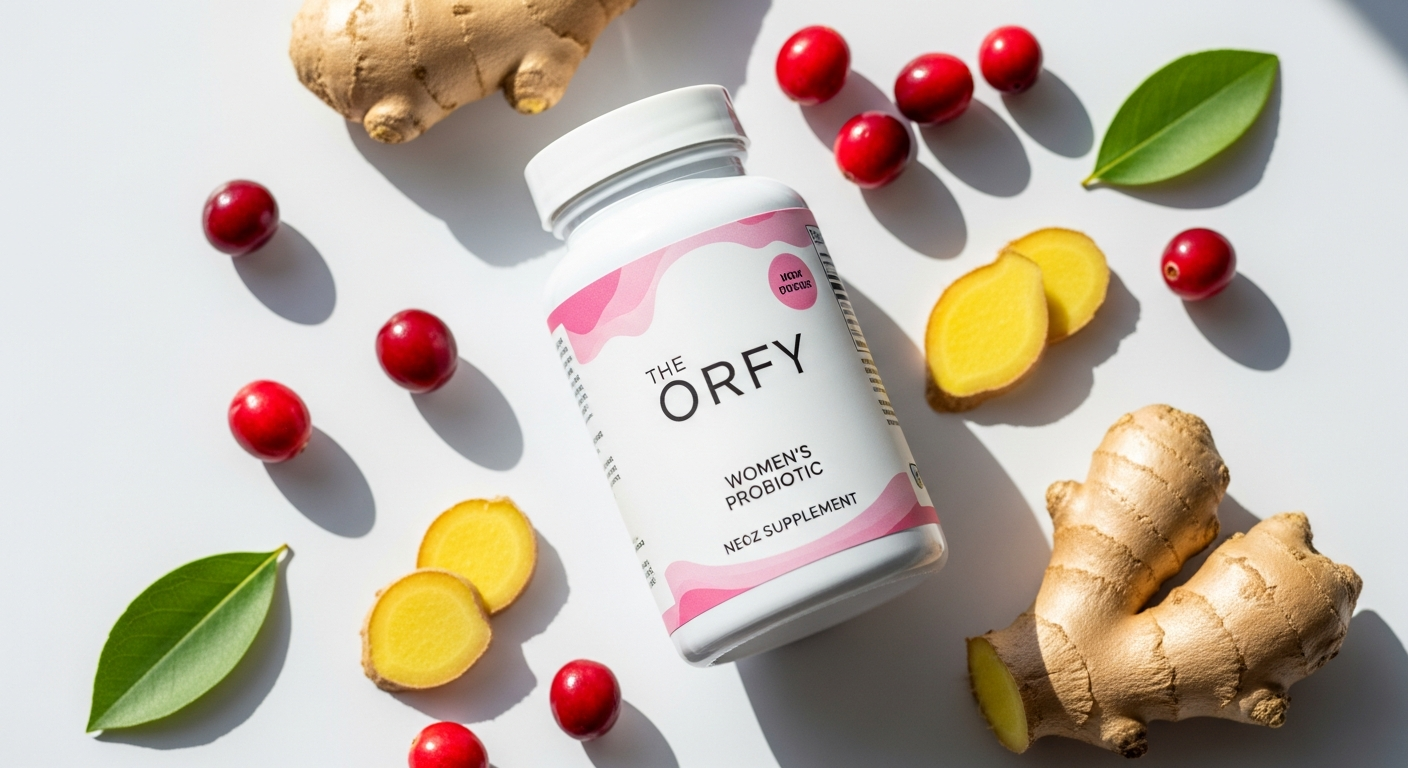 The Orfy Complete Women's Probiotic supplement bottle with probiotics and botanical ingredients displayed