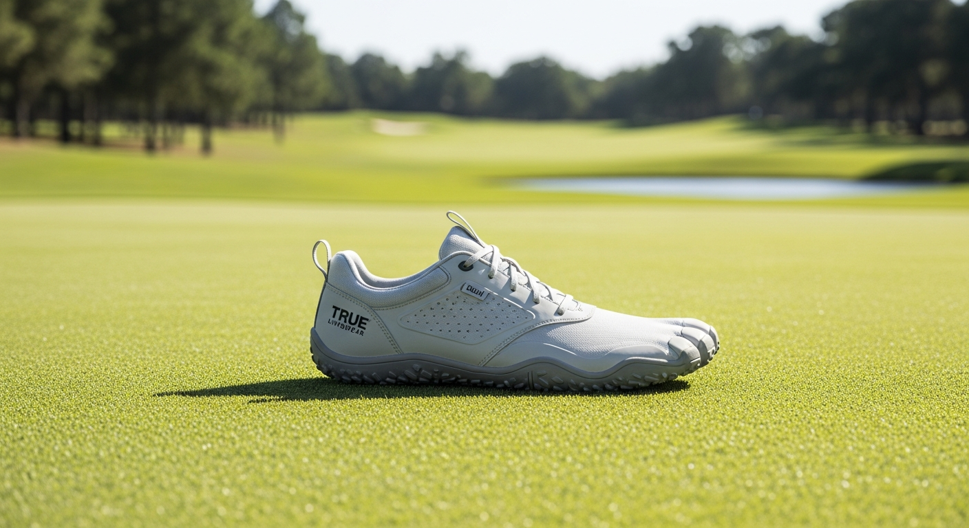 TRUE Linkswear OG Cush barefoot golf shoe displayed on grass course