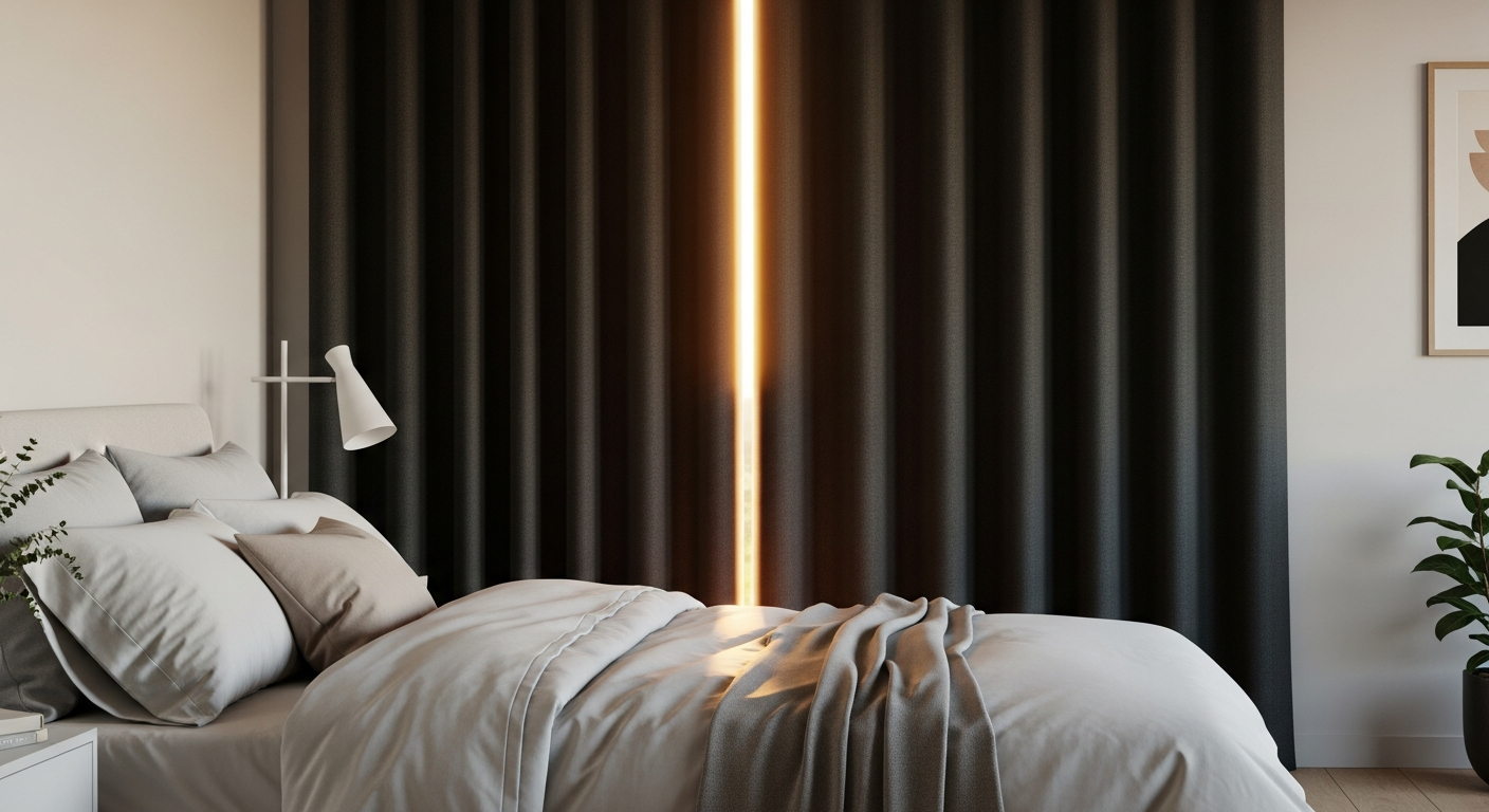 TheHues custom blackout curtains hanging on bedroom window with thermal insulation