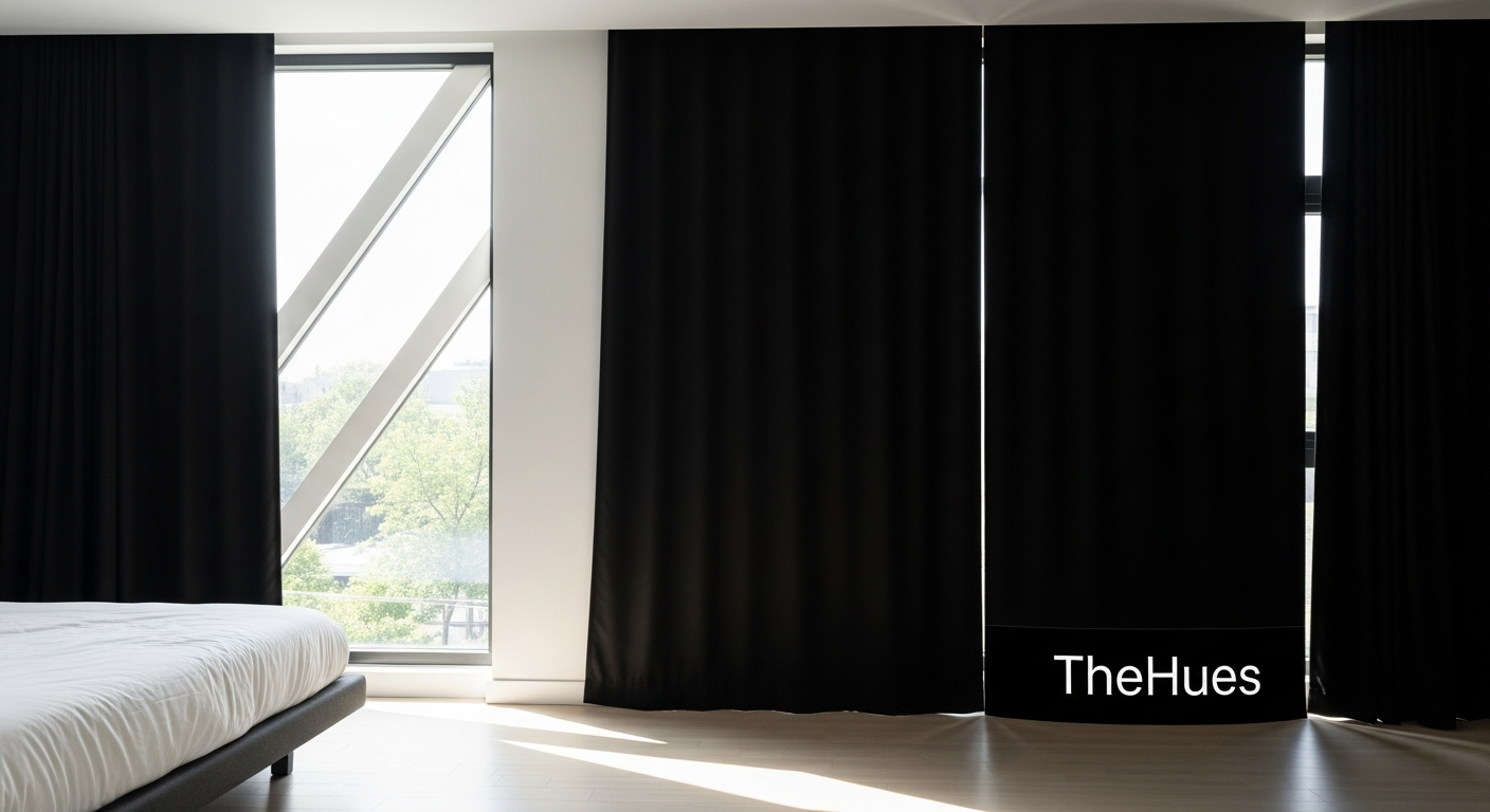 TheHues custom blackout curtains hanging in modern bedroom window with complete darkness