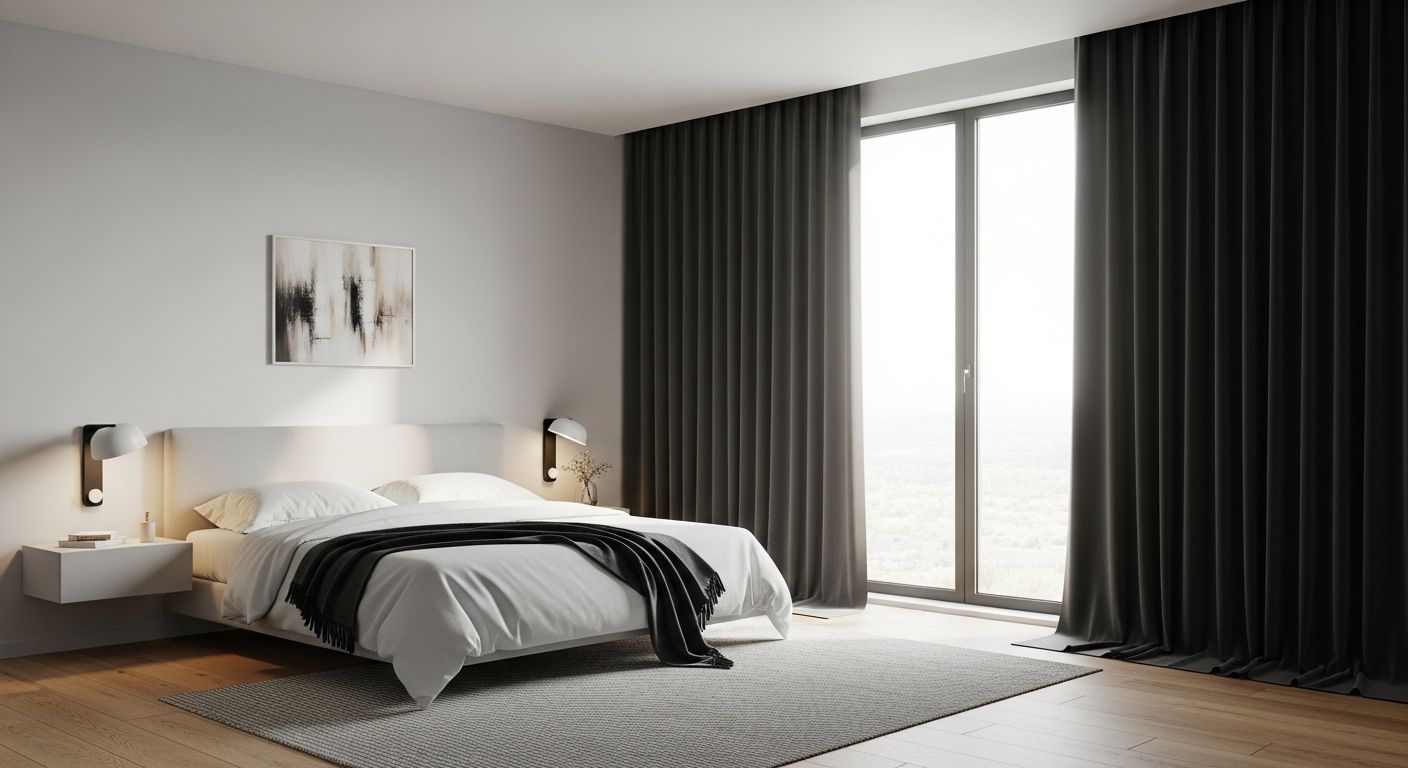 TheHues custom velvet blackout soundproof curtains hanging in modern bedroom window