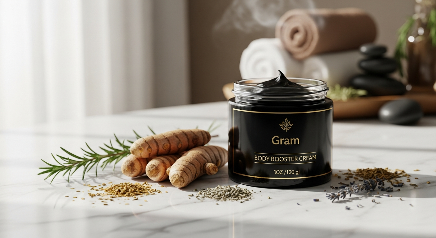 Balaayah Black Gram Body Booster bottle with black gram and himalayan rock salt ingredients displayed
