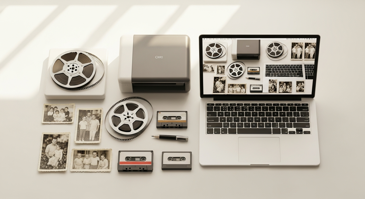 Digitize Kit box with VHS tapes, film reels, and old photographs
