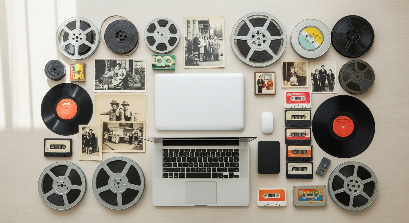 Vintage VHS tapes, film reels, and photo prints stacked together