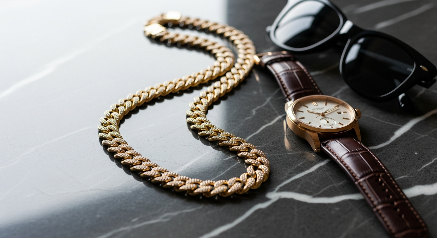 Gold iced Cuban link chain with sparkling cubic zirconia stones