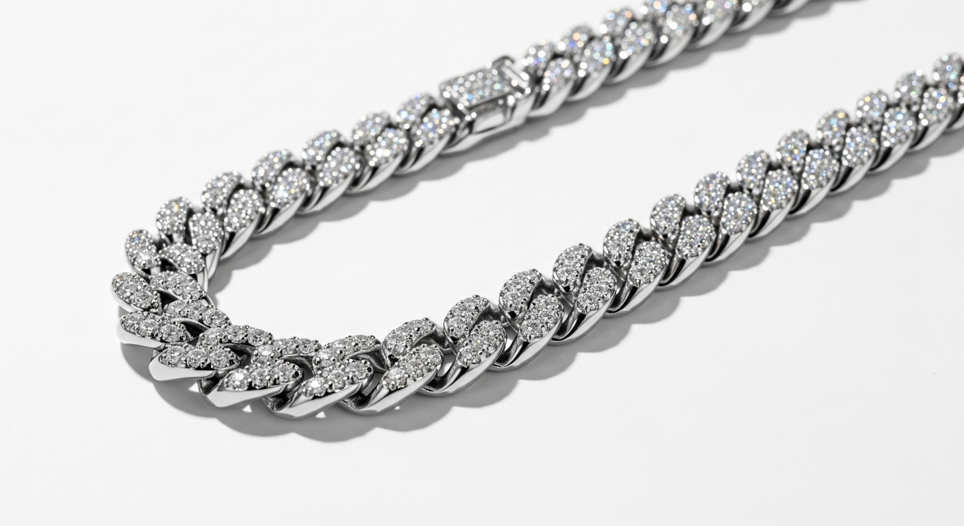 925S VVS moissanite 12MM Cuban chain with prong settings and sterling silver construction