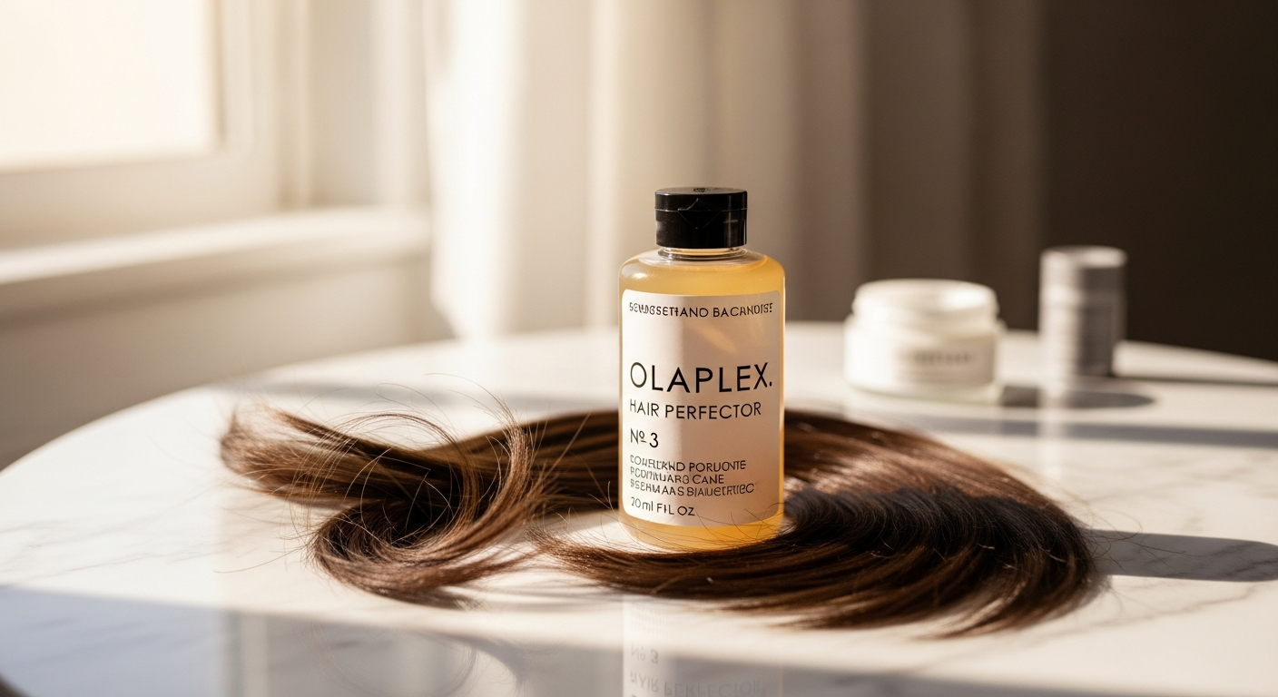 Olaplex No. 3 Hair Perfector Treatment bottle with damaged hair strands before and after repair