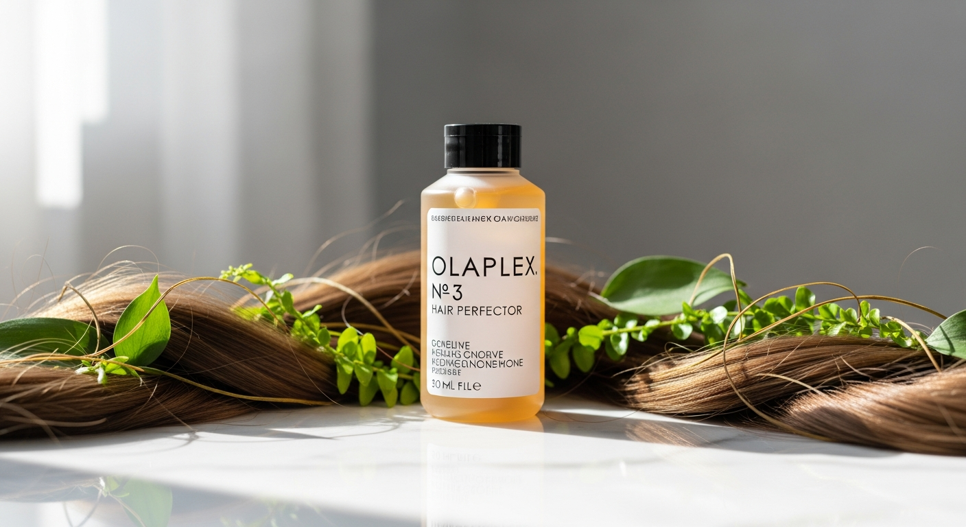 Olaplex No. 3 Hair Perfector Treatment bottle displayed with healthy repaired hair strands