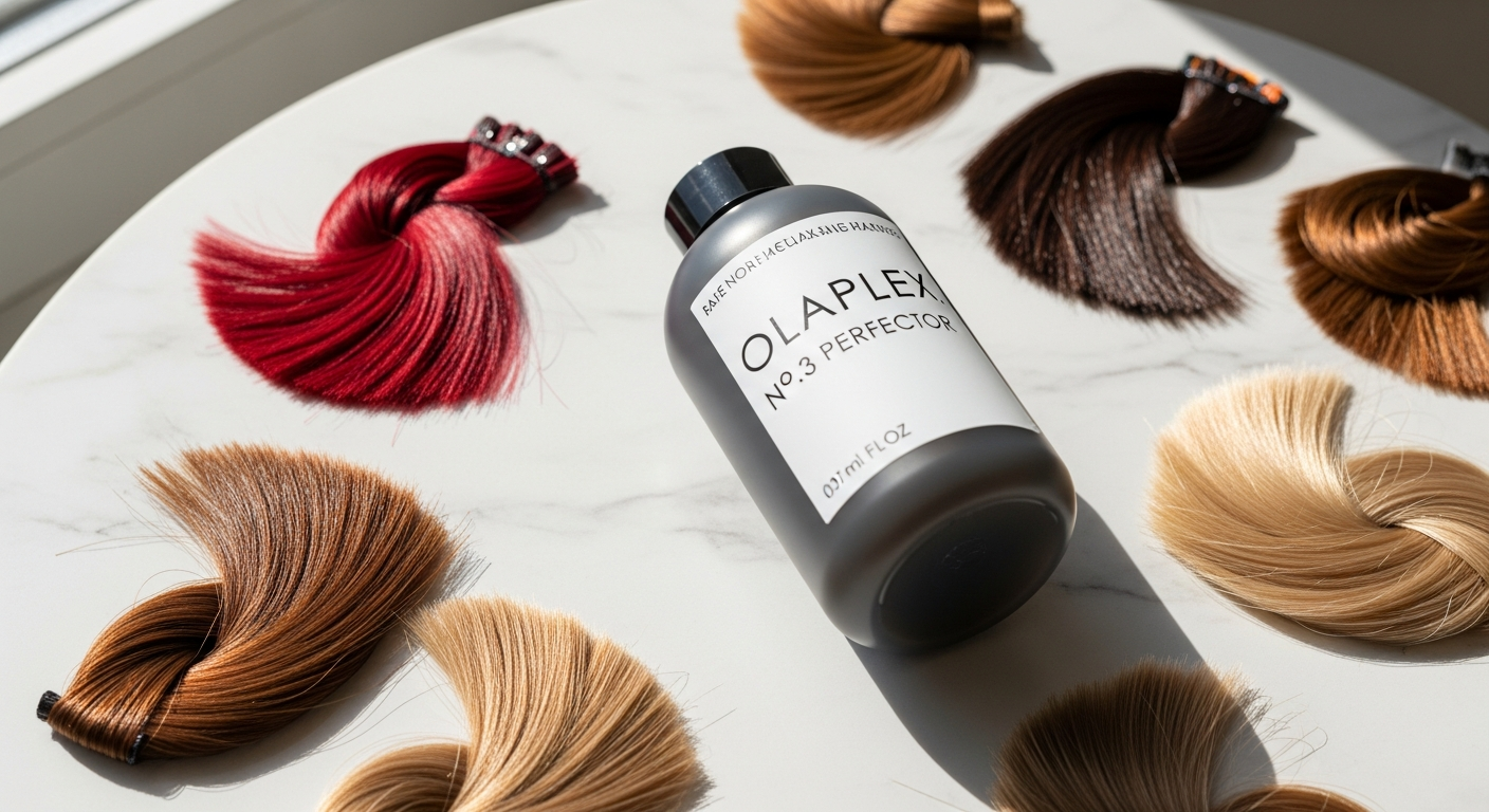 Olaplex No 3 Hair Perfector Treatment bottle displayed with healthy, shiny color-treated hair