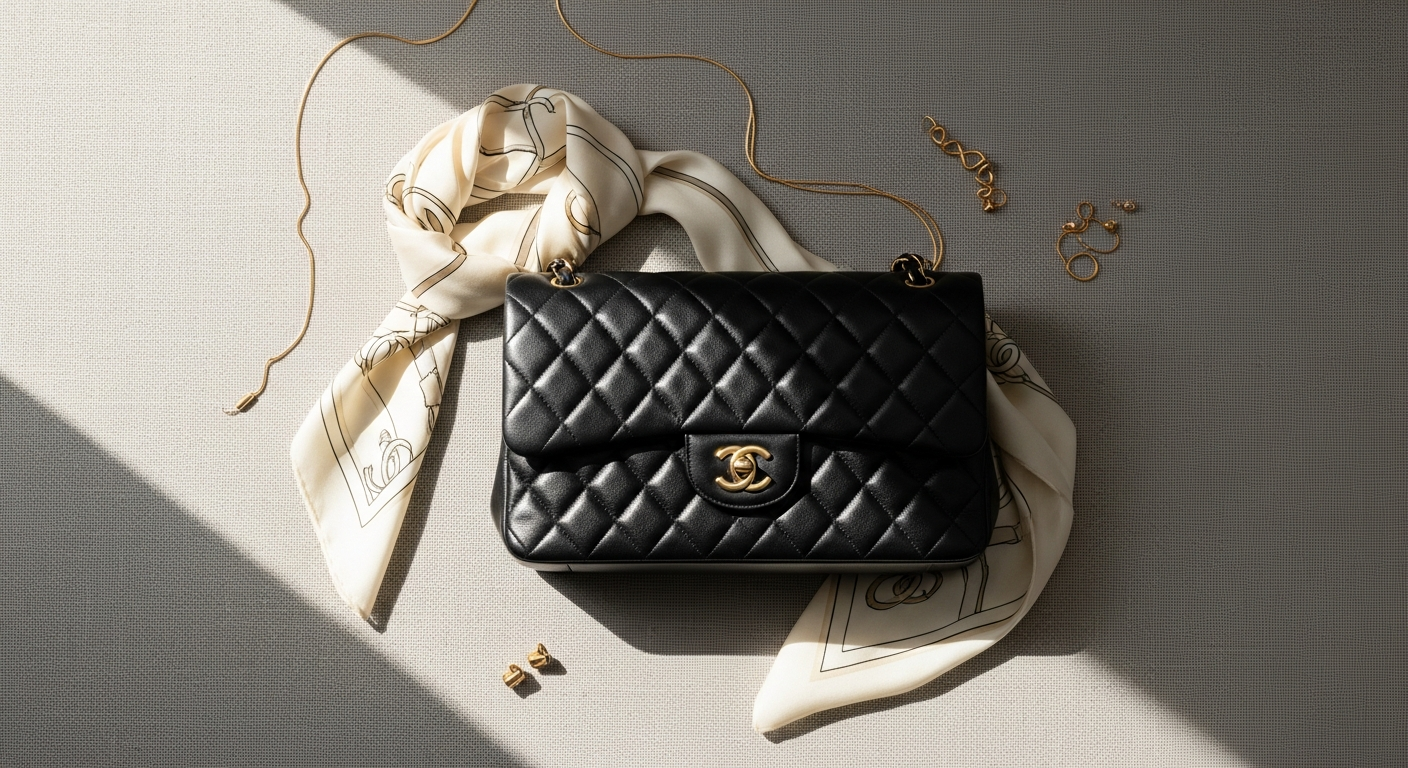 Elegant pre-owned Chanel Classic Flap bag displayed on luxury fashion background