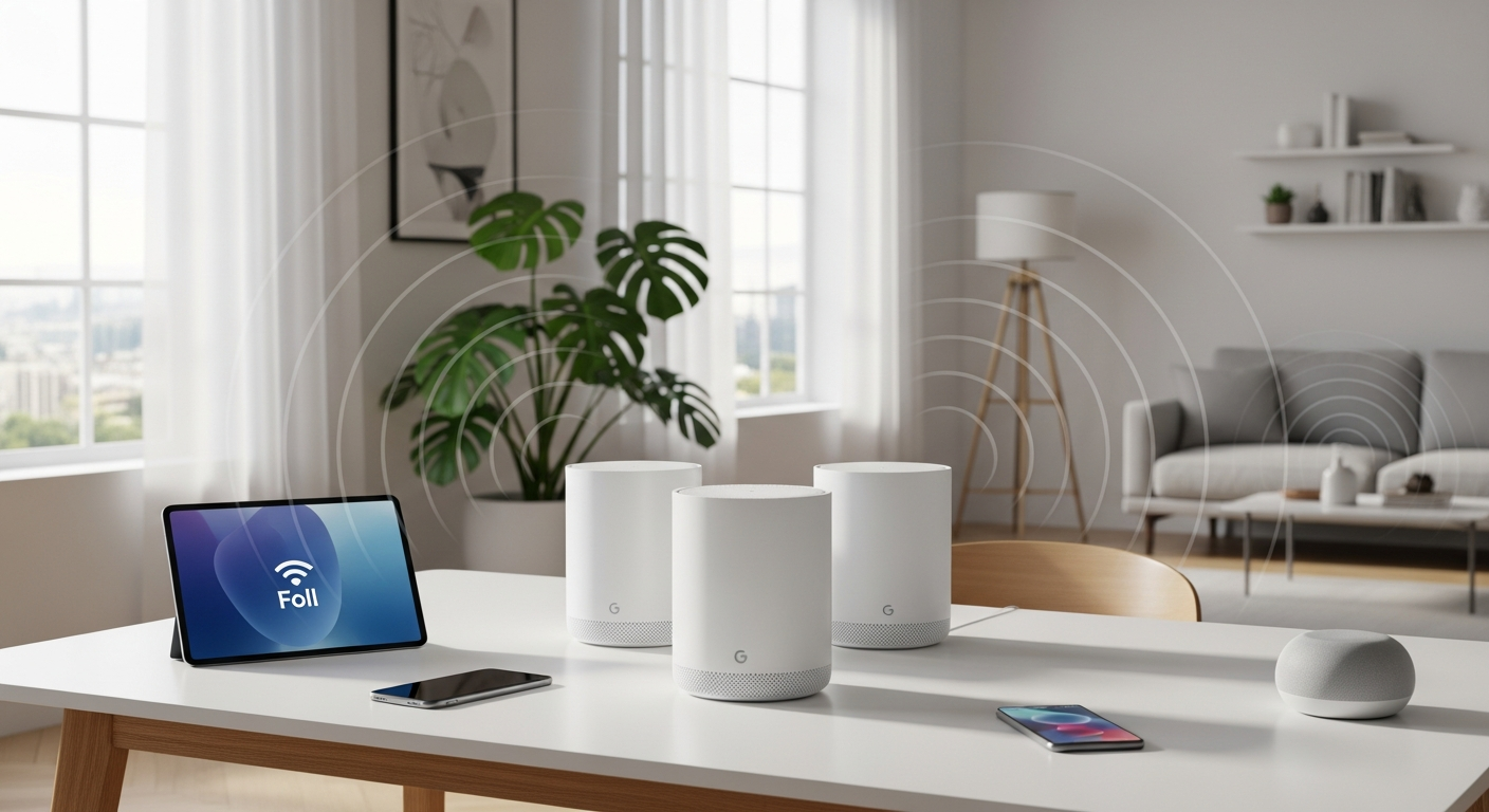 Google WiFi mesh system three pack units displaying seamless whole home coverage
