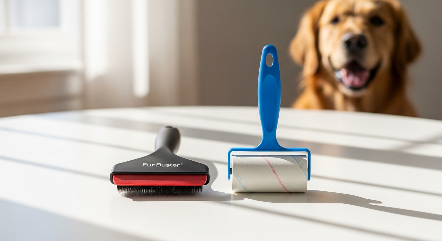 Fur Buster Pet Hair Remover Roller removing pet hair from furniture upholstery