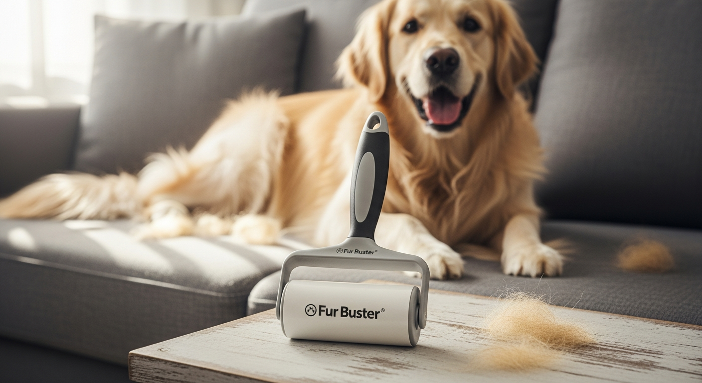 Fur Buster Pet Hair Remover Roller removing dog and cat hair from furniture